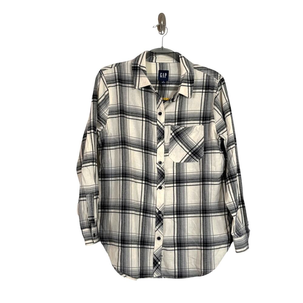 Gap Womens Relaxed Flannel Button Up Top Cotton Gray Cream Plaid Sz Medium NWT